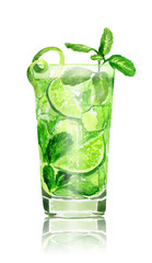 Hand drawn watercolor mojito cocktail on white background