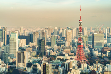 Naklejka premium Tokyo Tower, Japan - communication and observation tower. It was the tallest artificial structure in Japan until 2010 when the new Tokyo Skytree became the tallest building of Japan.