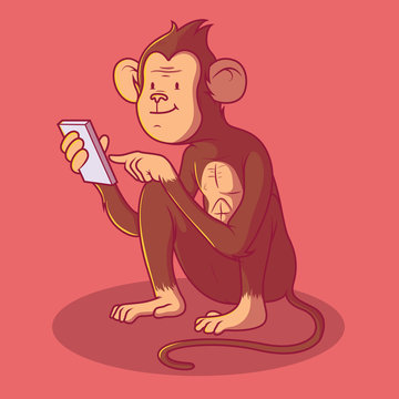 Monkey using a smartphone vector illustration. Communication, technology, social media, sharing, brand design concept