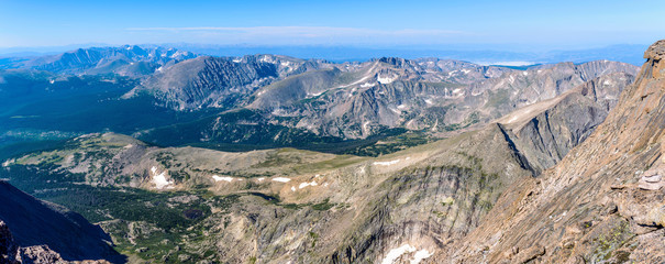 Summit View - A panoramic Summer morning overview from summit of Longs Peak, looking towards southwest, Rocky Mountain National Park, Colorado, USA.