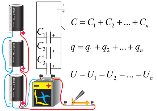 Electrical circuit parallel connection capacitors, physical formulas for calculating the parameters of the battery.