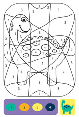 Cute dino coloring page for kids. Coloring puzzle with numbers of color