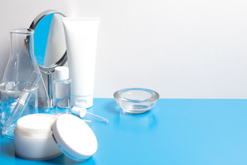 science and treatment cream lotion aromatic beauty cosmetic skincare with test tube and mockup product