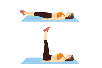 Woman doing Double Leg Raise Exercise in 2 step. Illustration about introduction workout.