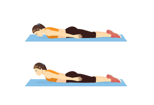 Woman doing The back extension exercise in 2 step. Illustration about strengthens back muscles with Pilates workout.