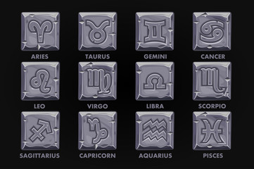 Astrology Signs On stone button, set 12 Zodiac