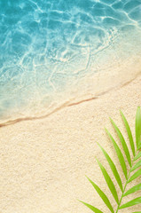 Fototapeta na wymiar Beautiful beach with white sand palm leaf and clear blue sea. Top view