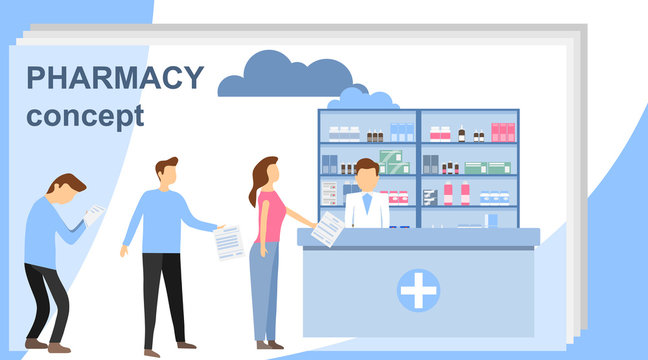 Doctor pharmacist and patient in drugstore. Patient and pharmacist doctor infographic, healthy recipe element, medicament for aid, professional medication.