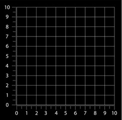 Measured grid. Graph plotting grid. Corner ruler with sets of measurement numbers isolated on the black background. Vector graph paper template background.