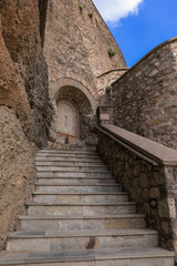 Obraz na płótnie Canvas Stairs to the Monastery of Varlaam of the Meteora Eastern Orthodox monasteries complex in Kalabaka, Trikala, Thessaly, Greece.