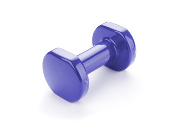 Blue dumbbell close up on white background