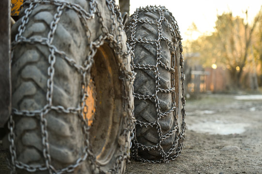 Snow Tire Chains On Big Truck Wheel