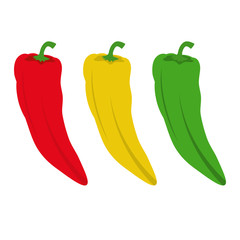 Three chilli peppers isolated. Red, yellow and green chilli peppers. White background.