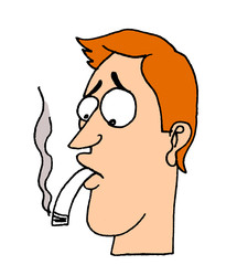 Illustration of a young man with a cigarette in his mouth pointing down as a metaphor of sexual impotence due to tobacco