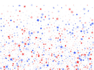 Flying red blue white star sparkles on white vector american patriotic background.
