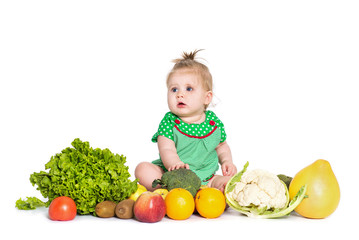 Fototapeta na wymiar Baby girl sitting surrounded by fruits and vegetables, isolated on white