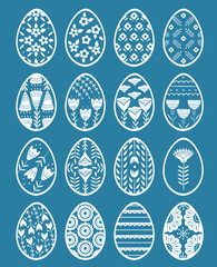 Set of Easter eggs with floral and plant ornamental. Folk style collection, laconic vector graphic Scandinavian style. Blue color. For holiday celebration design