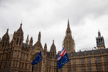Fototapeta premium European Union and British Union Jack flag flying together. 
