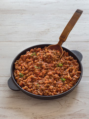 Stewed lentils with vegetables. Rustic food.