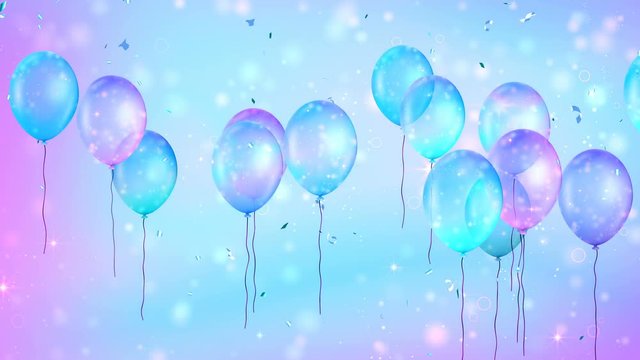 Holiday seamless blue and purple background with flying balloons and shining confettis. Looped 4K motion graphic.