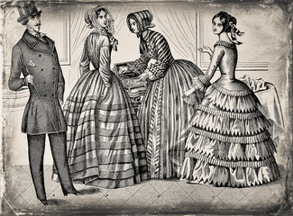 Dress fashion - Illustration from 1848, history, vintage, retro style,  18th Century Style, old,  - 255209159