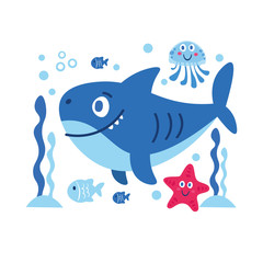Vector card with sea animals: shark, star, fish, jellyfish. Marine theme design. Illustration for clothes, anniversary, birthday, party invitations, scrapbooking, cards and sticker
