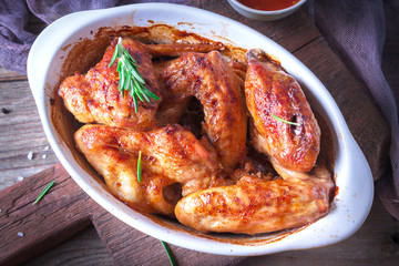Chicken Wings, Oven Baked and Grilled. Homemade Tasty Food. Wood Table Background, Rustic Still Life Style. Close up