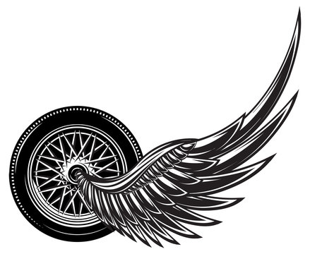 Vector monochrome pattern with wheel and wings.