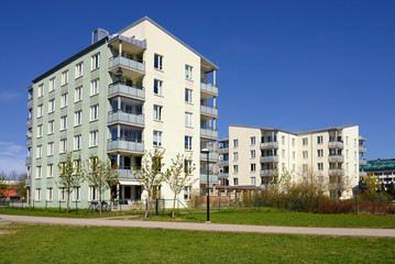 Modern apartment buildings.