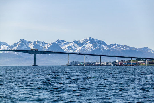 Sortland bridge, northern Norway, Vesteralen mountain chain in the background