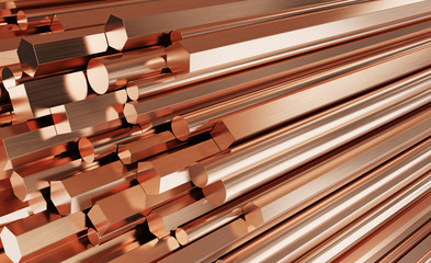 Copper metal products. Stack of round, square, hexagonal copper rods. - obrazy, fototapety, plakaty