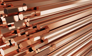 Foto op Plexiglas Copper metal products. Stack of round, square, hexagonal copper rods. © simone_n