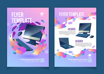 Computers trading company, innovative IT or technological startup advertising flyer or banner cartoon vector pages template with modern personal computer desktop, monitor and laptop illustrations