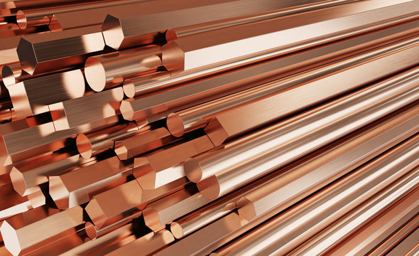 Copper metal products. Stack of round, square, hexagonal copper rods.