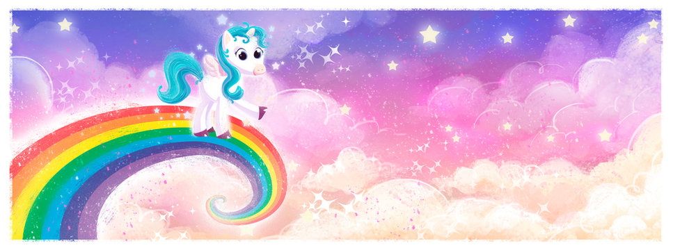 pony unicornio volando en arcoiris