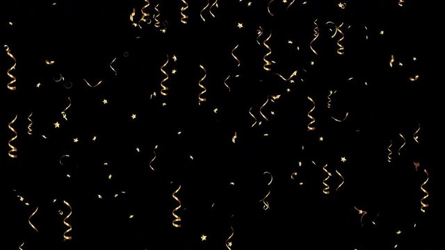 Holiday, carnival, festive, design element for celebration. Falling decoration, golden curly ribbons, bright serpentines and streamers with Alpha channel. Looped 4K motion graphic.