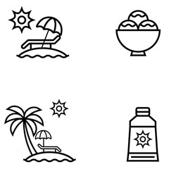 Set of summer icon, palm tree on island, umbrella on island, sun block cream, sundae. 