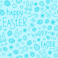 Fototapeta na wymiar Easter festive seamless pattern. Blue endless background with bunnies, hearts, ornate eggs, flowers and hand drawn text Happy Easter