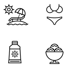 Set of Summer icon. umbrella on island, swimwear, sunblock, ice cream cup. 