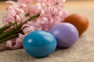 Colorful easter eggs with flowers by side