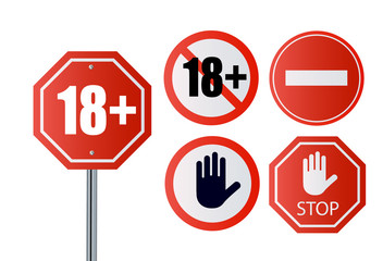 Up to 18 not allowed sign older than 18. Number eighteen in red crossed out circle, polygon