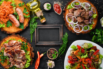 Grill menu. Steak, barbecue, sausages. Top view. Free space for your text. Rustic style.