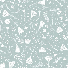 Stylized pattern, folk art, floral ornament in blue grey colors. Seamless pattern vector background for wallpaper, textile, wrapping paper design