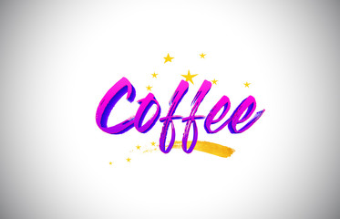 Coffee Purple Violet Word Text with Handwritten Vibrant Colors and Stars Confetti Vector.
