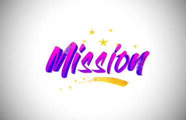 Mission Purple Violet Word Text with Handwritten Vibrant Colors and Stars Confetti Vector.