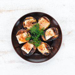 Potatoes fried with lard and garlic. Ukrainian Traditional Cuisine. Top view. Free space for your text. Rustic style.