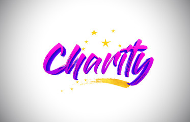 Charity Purple Violet Word Text with Handwritten Vibrant Colors and Stars Confetti Vector.