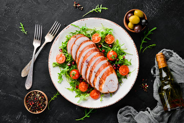 Smoked chicken fillet and salad. Top view. Free space for your text.