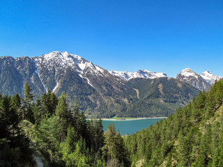 View from Lake Achensee-Tyrol near Maurach-Innsbruck with green sunny Austrian Alps in Tirol with snowy mountains in background under blue sky