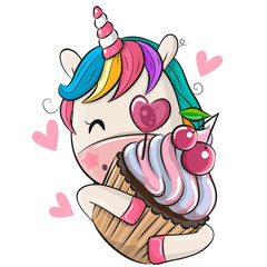 Cartoon Unicorn with Cupcake on a white background